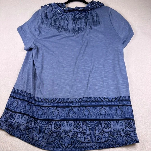 Paisley Tunic Top With Fringe Scarf Blue Size XL One World Boho Peasant Gypsy - Picture 3 of 8
